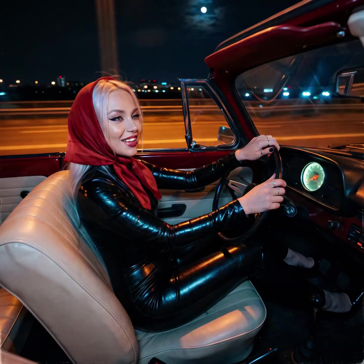 She drives fast down the night highway, her right hand stays on the steering wheel....